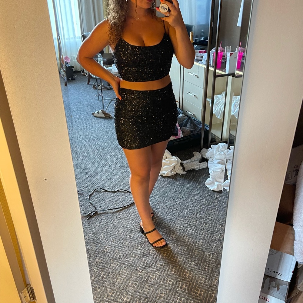 Black Sequin Crop Top and Skirt Set